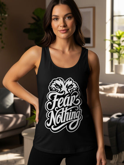 Black tank top with white "Fear Nothing" text and eagle graphic.