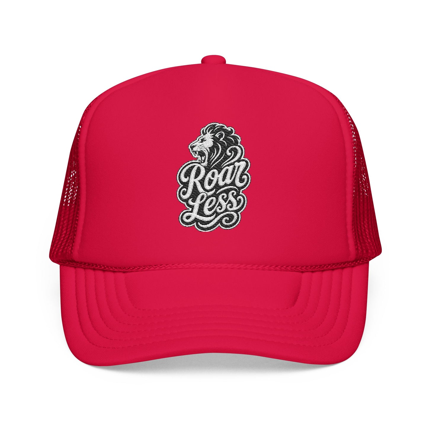 Red trucker hat with embroidered lion and "Roar Less" text.