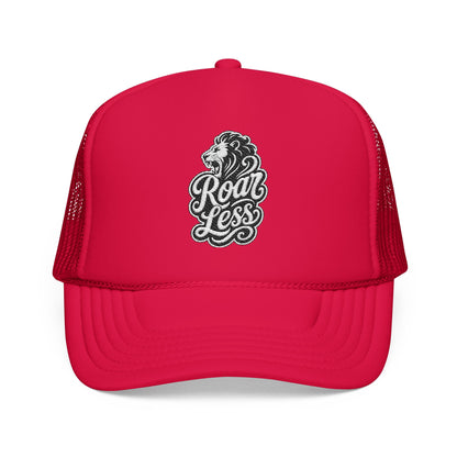 Red trucker hat with embroidered lion and "Roar Less" text.