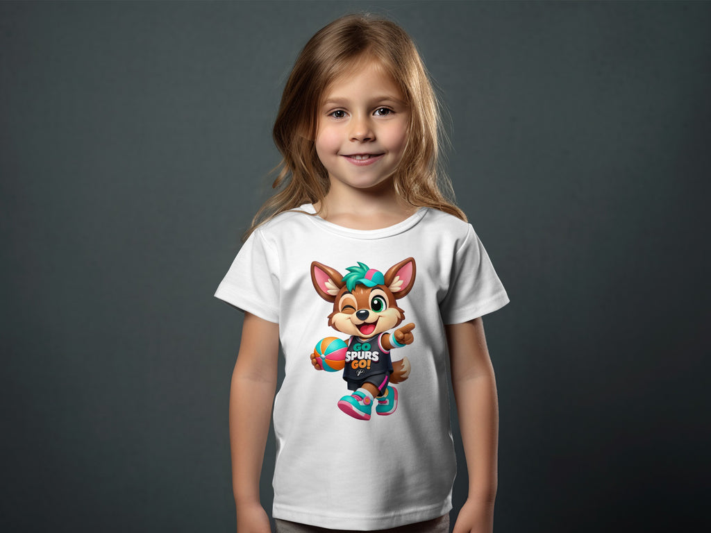 Child wearing a white t-shirt with a cartoon mascot holding a basketball.