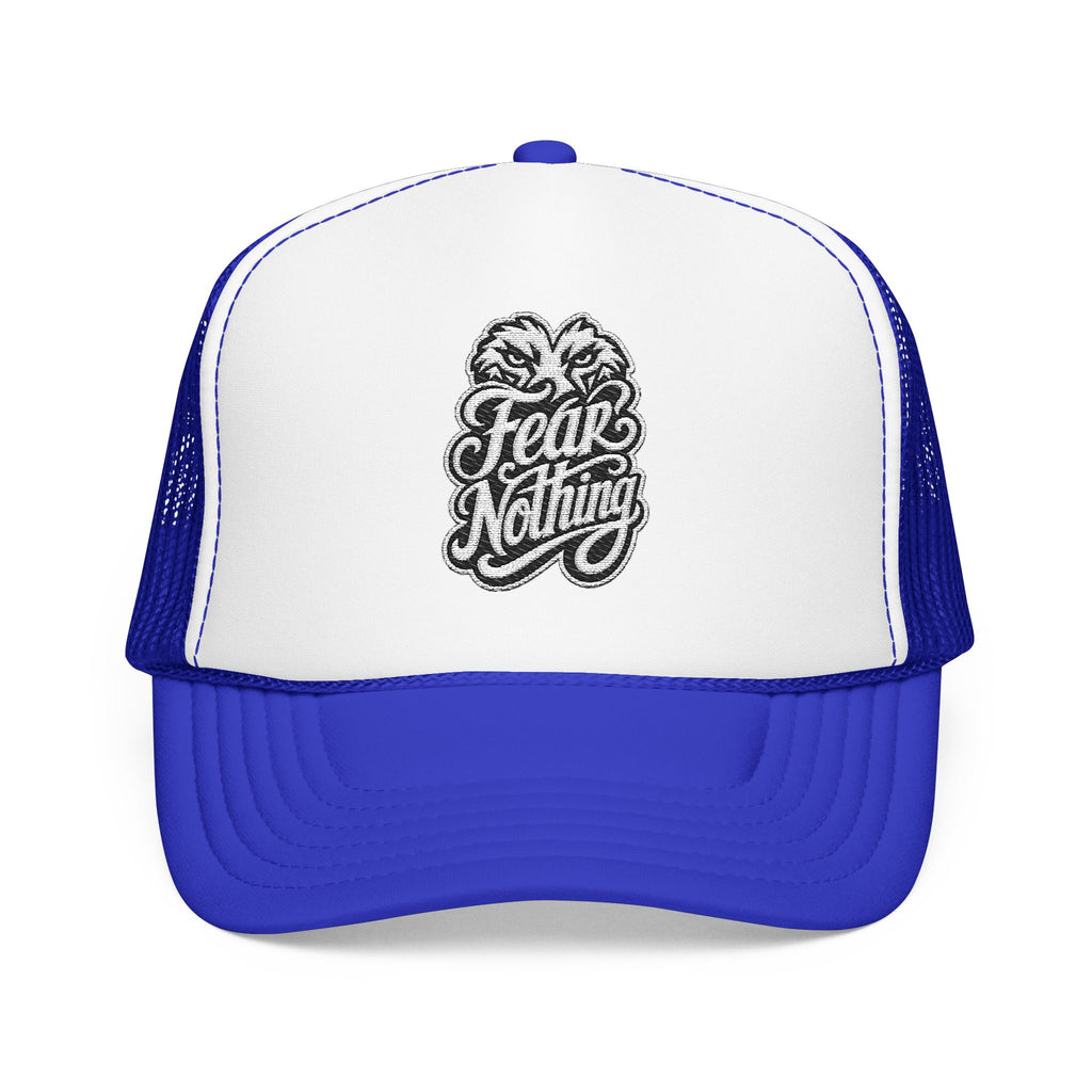 Trucker hat with white front panel and blue mesh back, featuring "Fear Nothing" text and imagery.