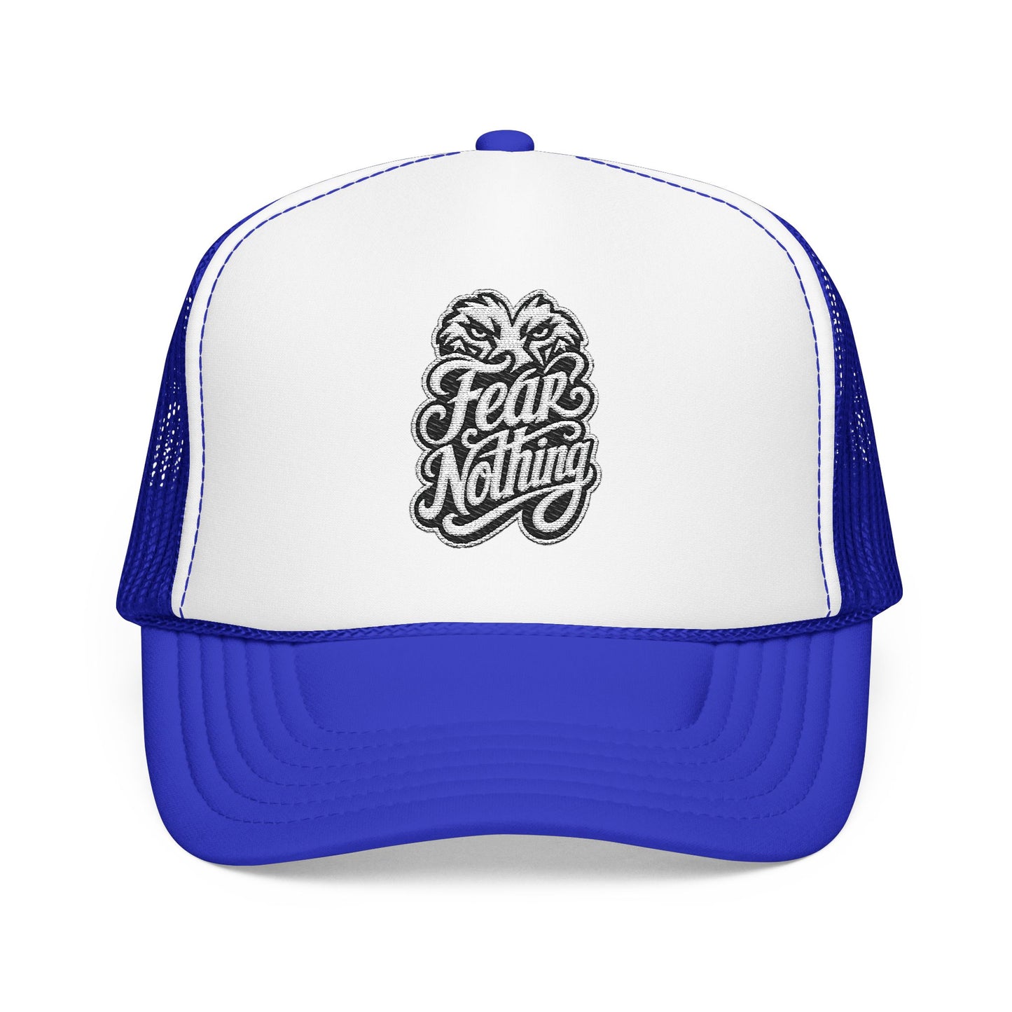 Trucker hat with white front panel and blue mesh back, featuring "Fear Nothing" text and imagery.
