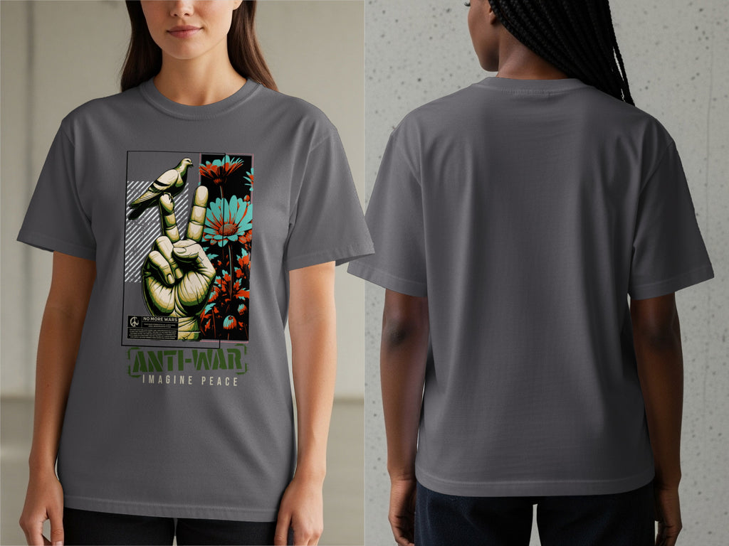 Grey t-shirt with a peace sign, dove, flowers, and text "Anti-War Imagine Peace".