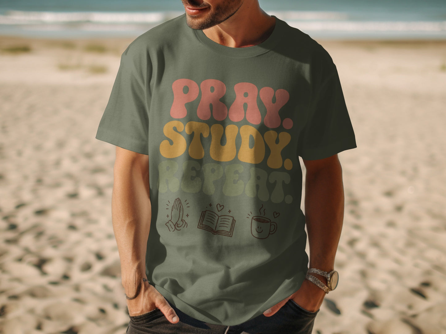 Olive green t-shirt with "Pray. Study. Repeat." text and icons of hands, book, and coffee.