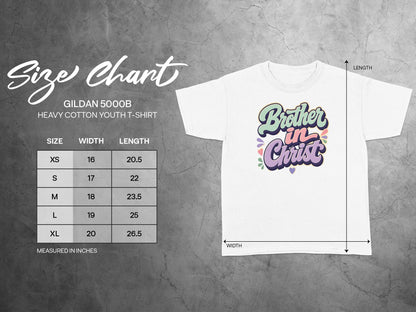 Gildan 5000B youth t-shirt size chart with width and length measurements in inches.