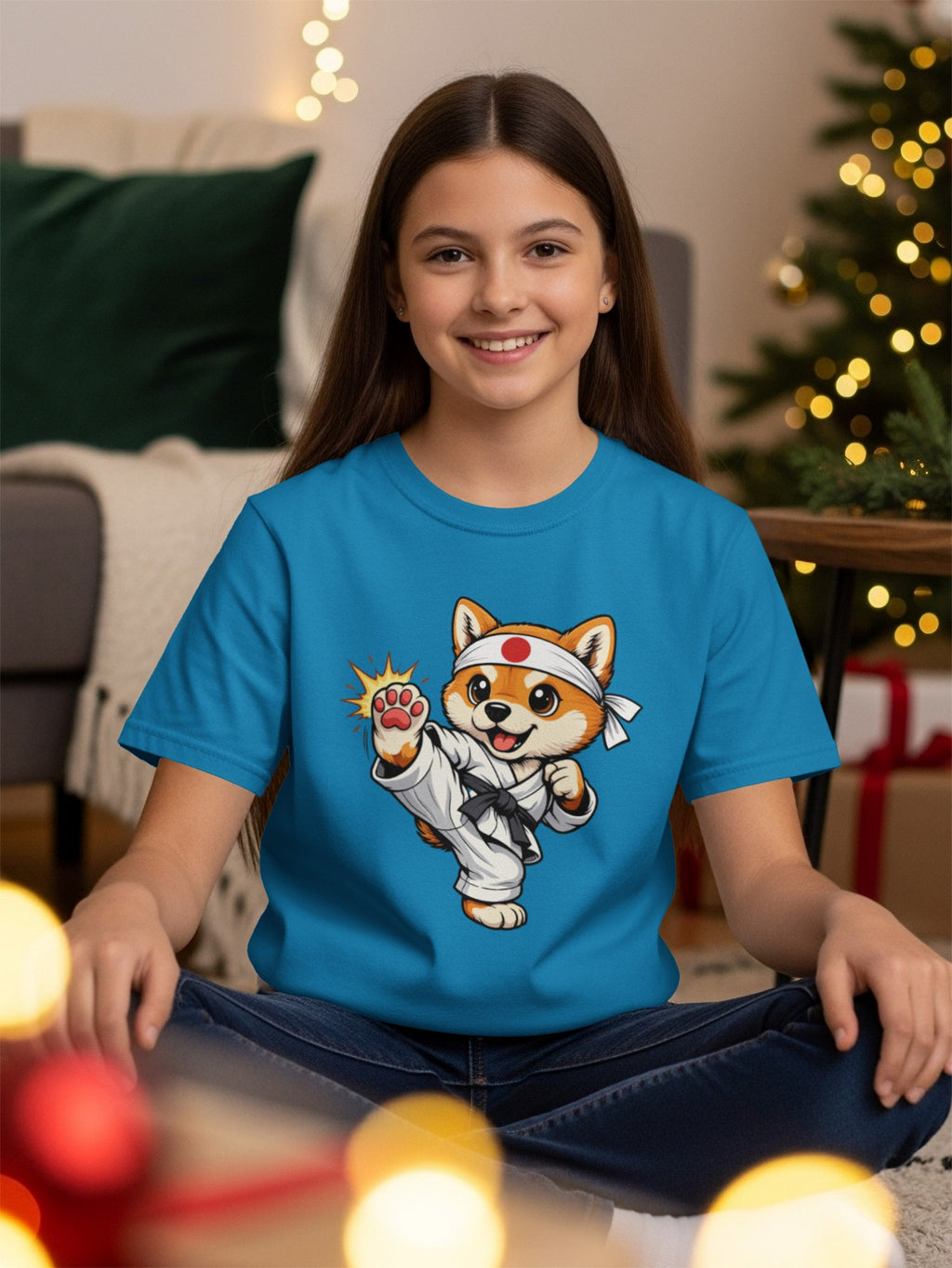 Blue t-shirt with a cartoon Shiba Inu in a karate uniform kicking.