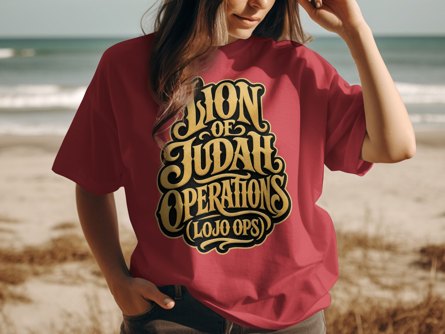 Red t-shirt with "Lion of Judah Operations (LOJO OPS)" text graphic.