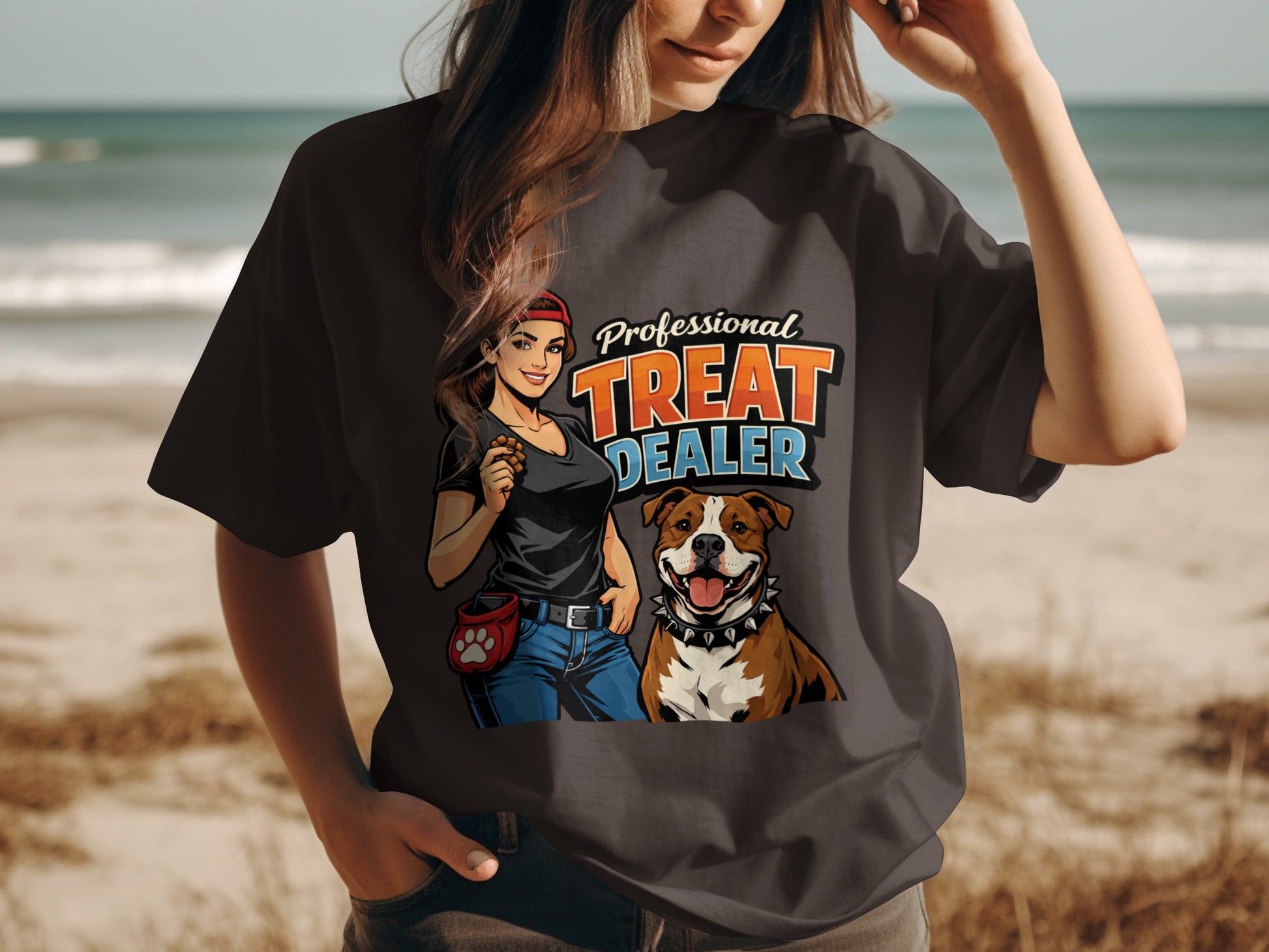 Graphic of woman with dog food pouch and a pit bull with text "Professional Treat Dealer."