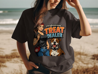 Graphic of woman with dog food pouch and a pit bull with text "Professional Treat Dealer."