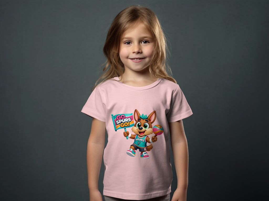 Young girl in pink t-shirt with cartoon dog holding "GO SPURS GO!" flag and basketball.