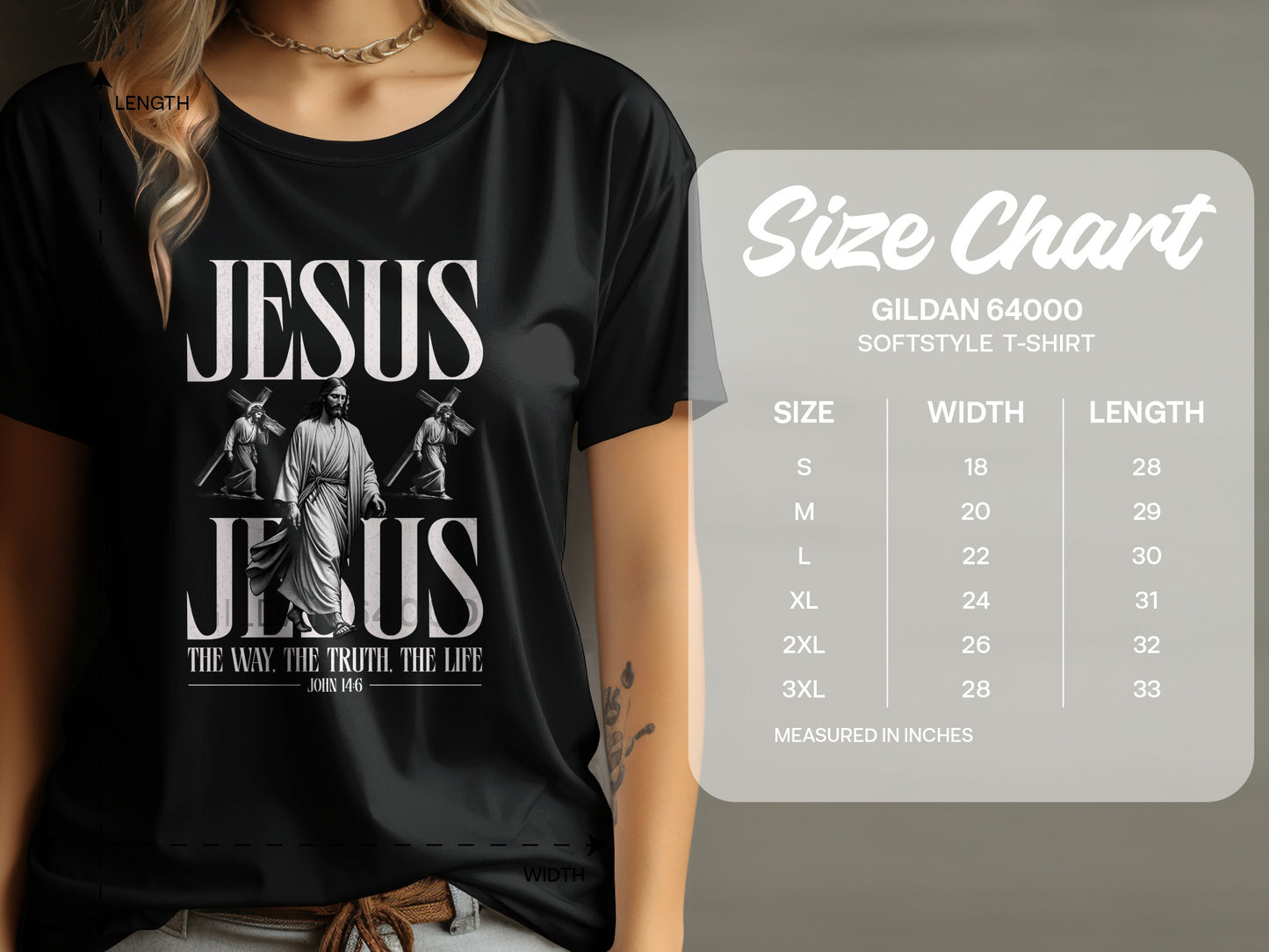 Black t-shirt with Jesus graphic and size chart for Gildan 64000 shirt.