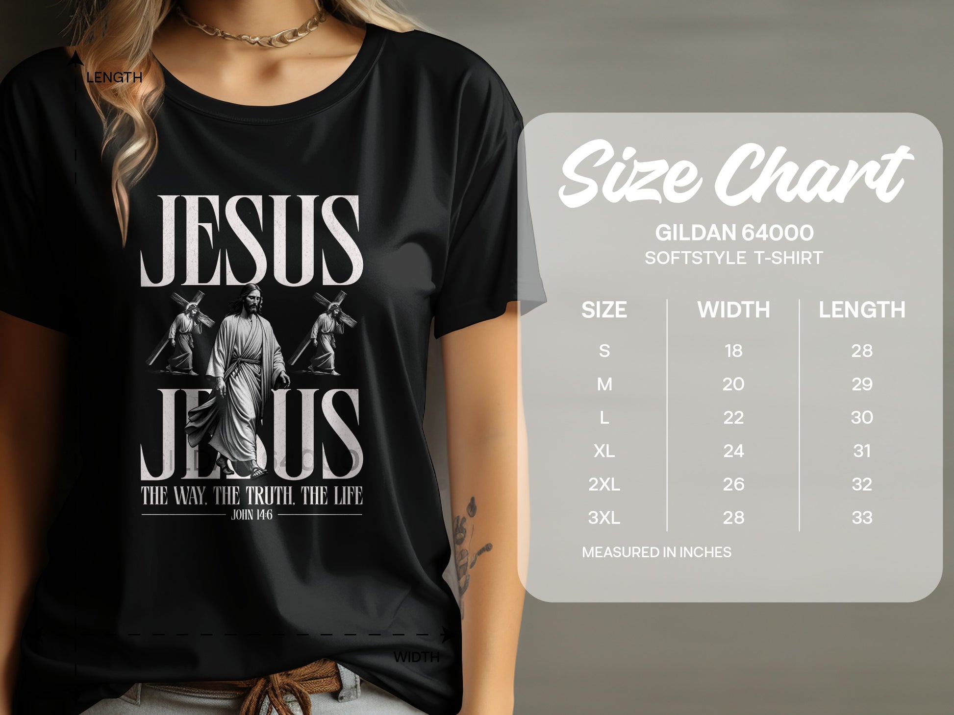 Black t-shirt with Jesus graphic and size chart for Gildan 64000 shirt.