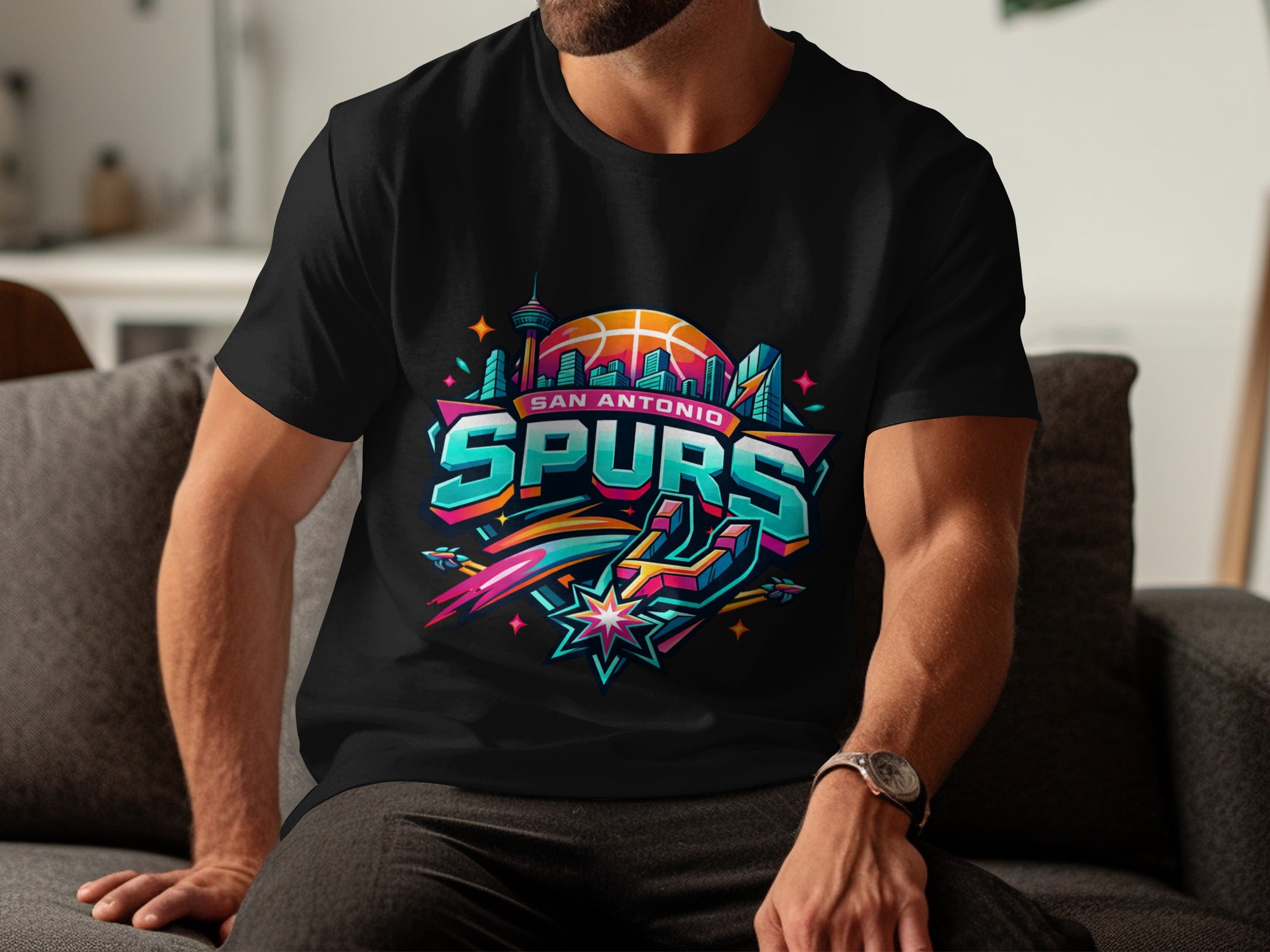 Black t-shirt featuring the San Antonio Spurs logo with a cityscape.