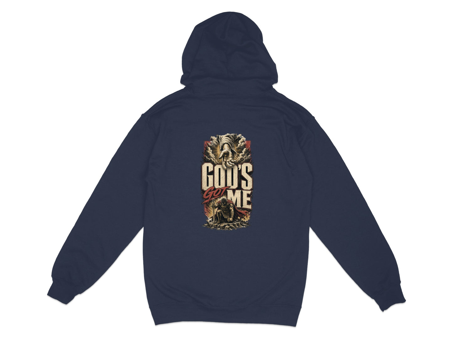 Navy hoodie with "God's Got Me" graphic featuring a reaching hand and kneeling figure.