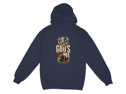 Navy hoodie with "God's Got Me" graphic featuring a reaching hand and kneeling figure.