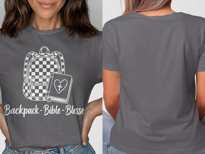 Dark gray t-shirt with white graphic of backpack, Bible, and text "Backpack - Bible - Blesse".