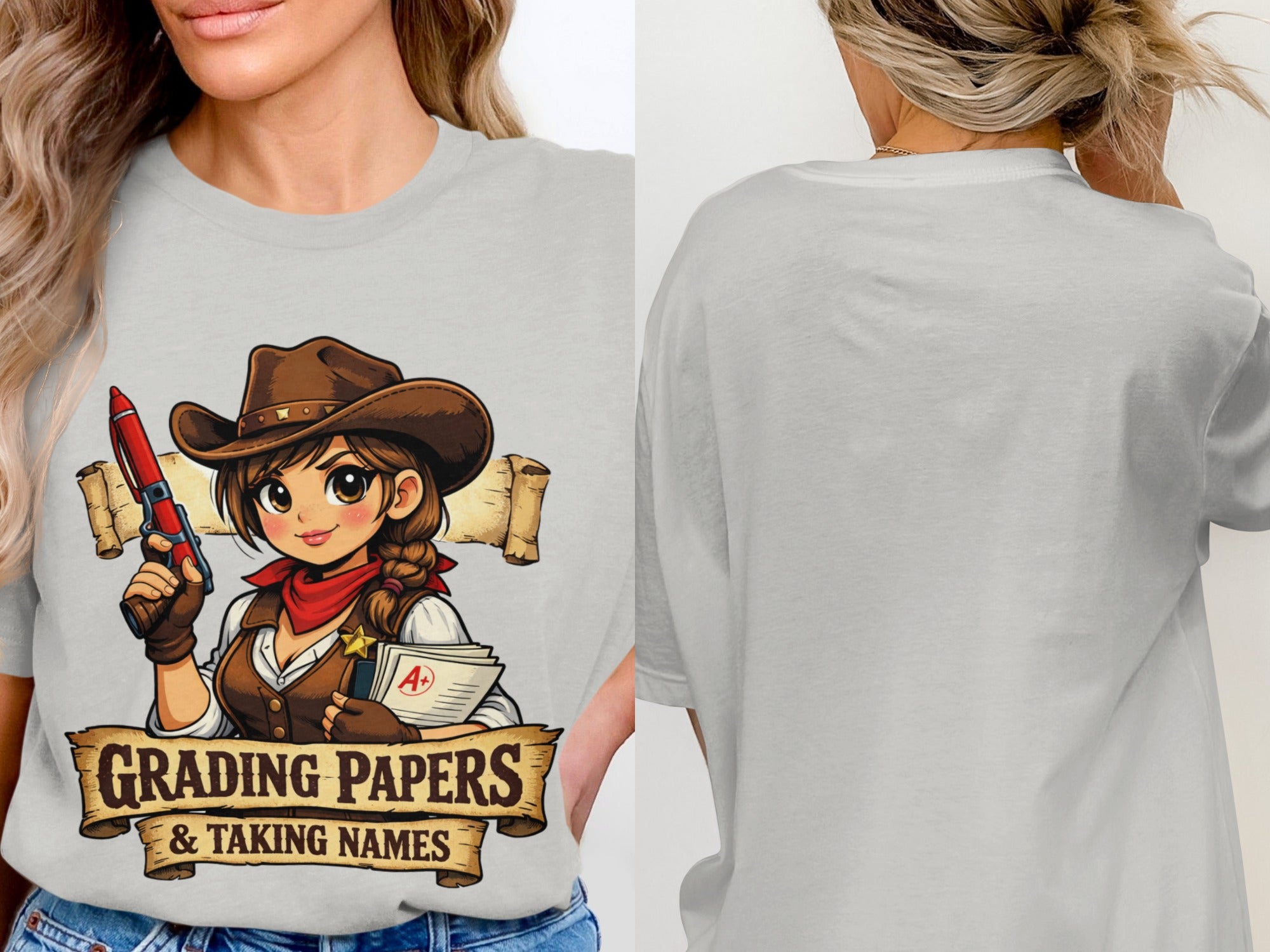 Cartoon cowgirl with pen and papers reads "Grading Papers & Taking Names"