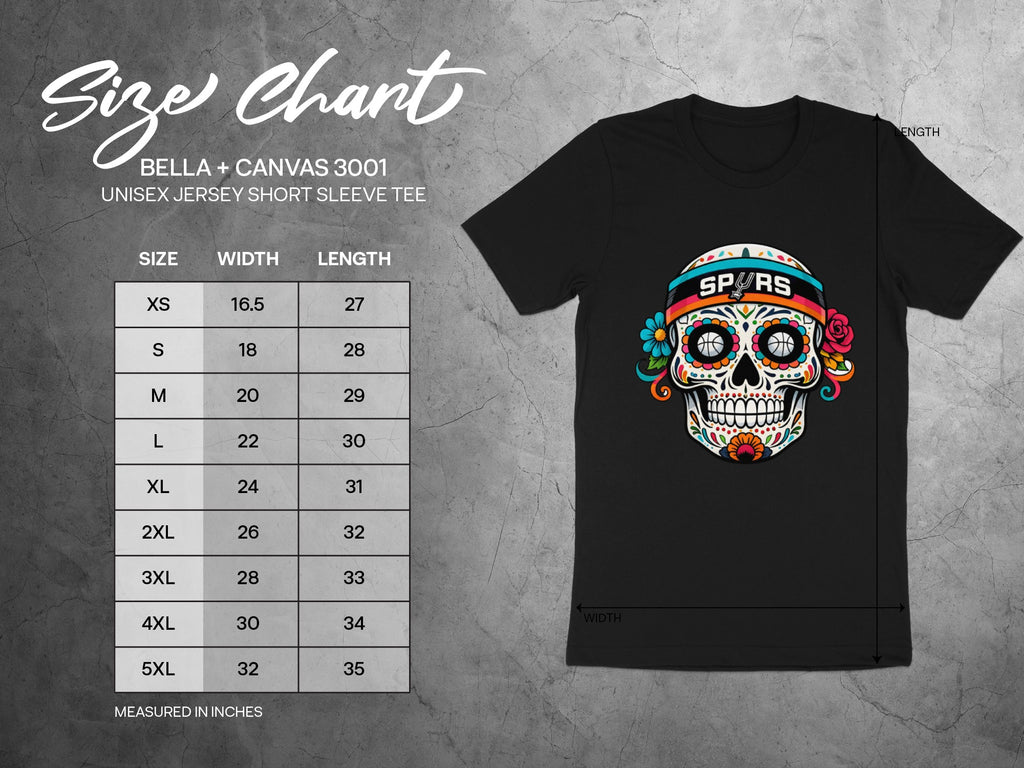 Black t-shirt size chart for Bella+Canvas 3001 unisex tee with sugar skull graphic.