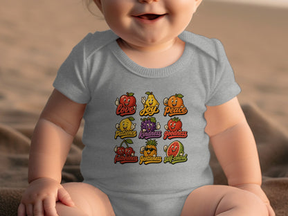 Grey baby onesie with cartoon fruits representing virtues: Love, Joy, Peace, Patience, Kindness, Goodness, Faithfulness, Gentleness, Self-control.