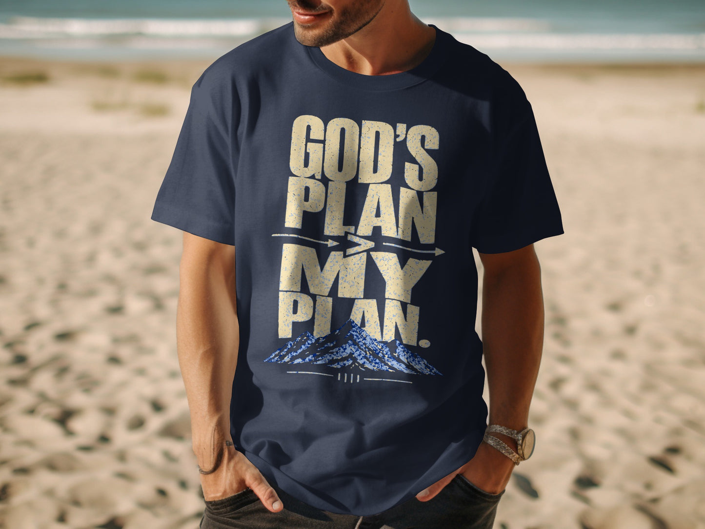 Navy t-shirt with "God's Plan My Plan" quote and mountain graphic.