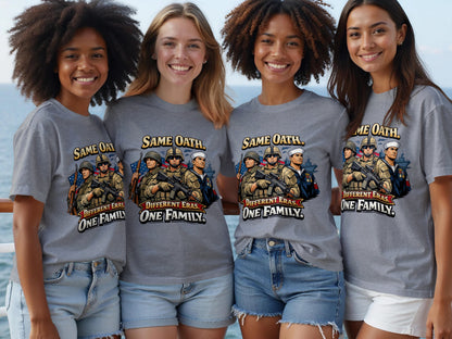 Four women wear gray t-shirts with a "Same Oath, Different Eras, One Family" graphic.