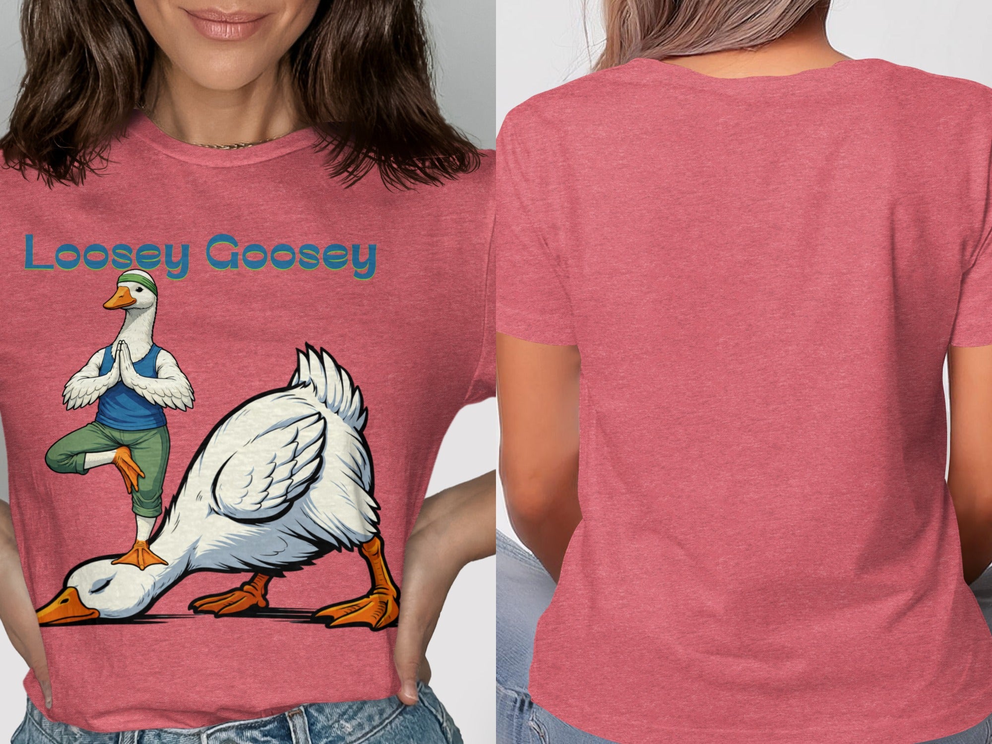 Loosey Goosey text above a cartoon duck in a yoga pose with a smaller duck underneath.