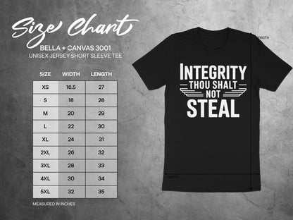 Black t-shirt with "Integrity Thou Shalt Not Steal" graphic and size chart.