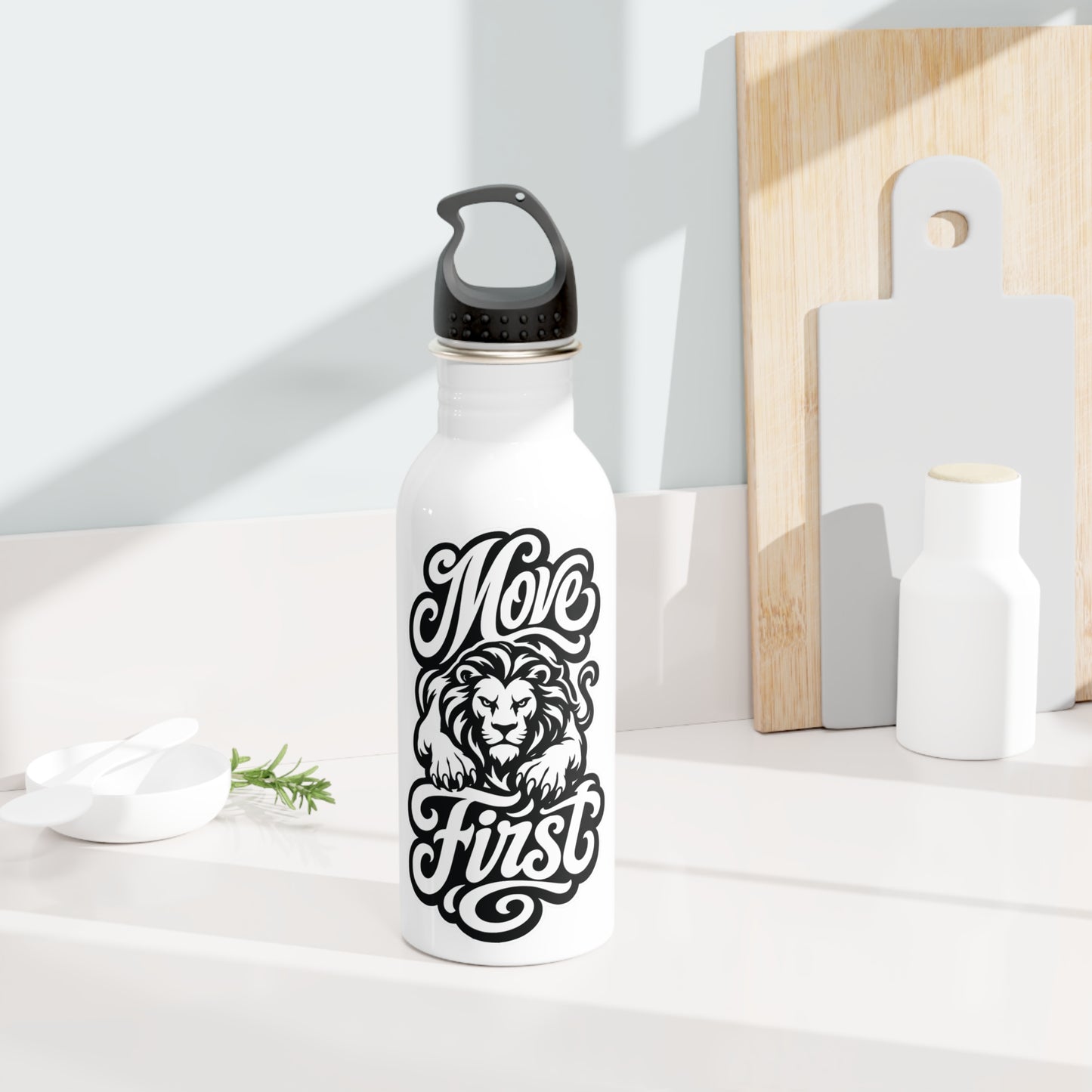 White water bottle with a black lion and "Move First" slogan design.