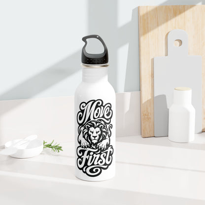 White water bottle with a black lion and "Move First" slogan design.