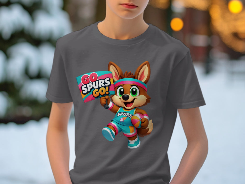 Cartoon fox mascot in basketball uniform holds ball and sign saying "Go Spurs Go!"