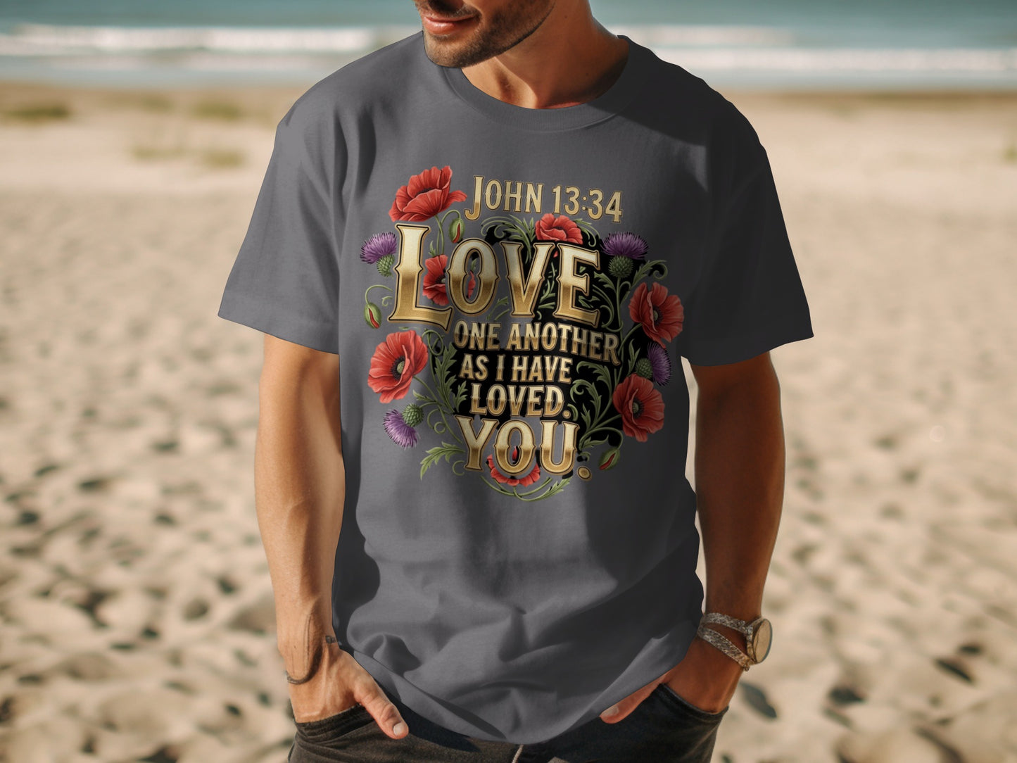 Gray t-shirt with floral design featuring "John 13:34 Love One Another As I Have Loved You".