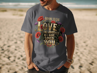 Gray t-shirt with floral design featuring "John 13:34 Love One Another As I Have Loved You".