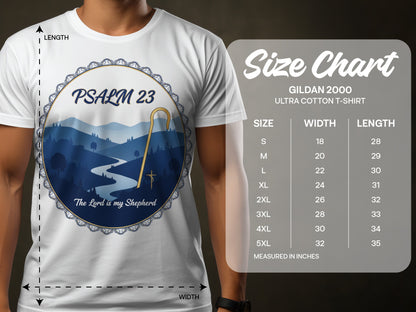 White t-shirt with Psalm 23 graphic and Gildan 2000 size chart.