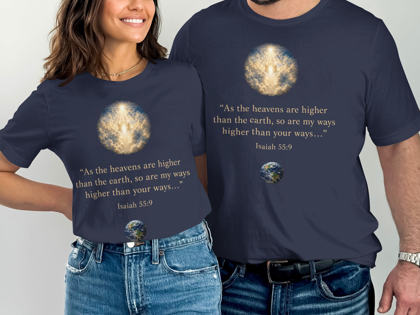 Navy t-shirts with Isaiah 55:9 quote and heavenly staircase graphic.