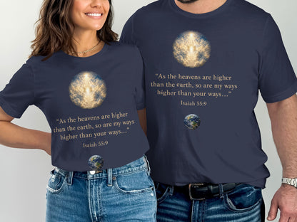 Navy t-shirts with Isaiah 55:9 quote and heavenly staircase graphic.