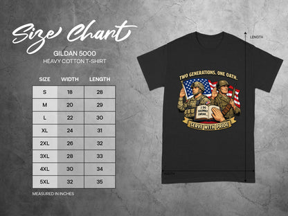 Gildan 5000 t-shirt size chart with graphic of soldiers and American flag.