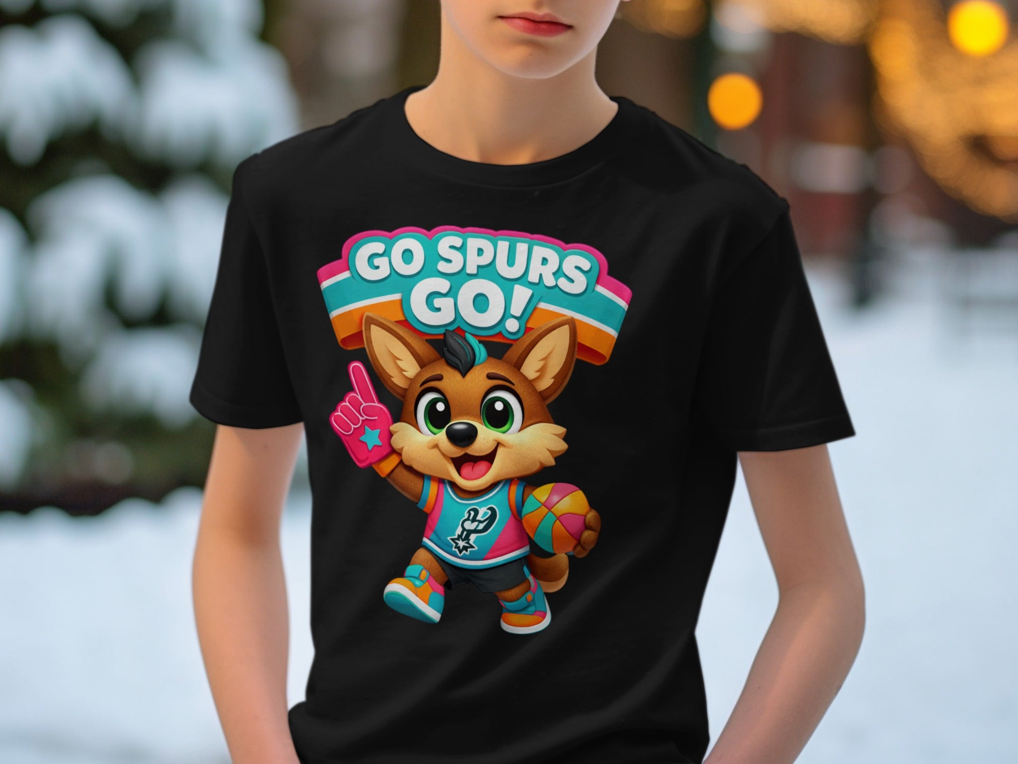 Cartoon fox mascot wearing a Spurs jersey and holding a basketball, text reads "GO SPURS GO!"