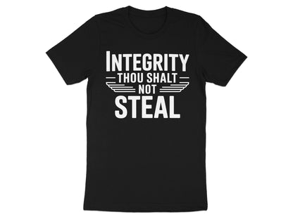 Black t-shirt with white text: "INTEGRITY THOU SHALT NOT STEAL"