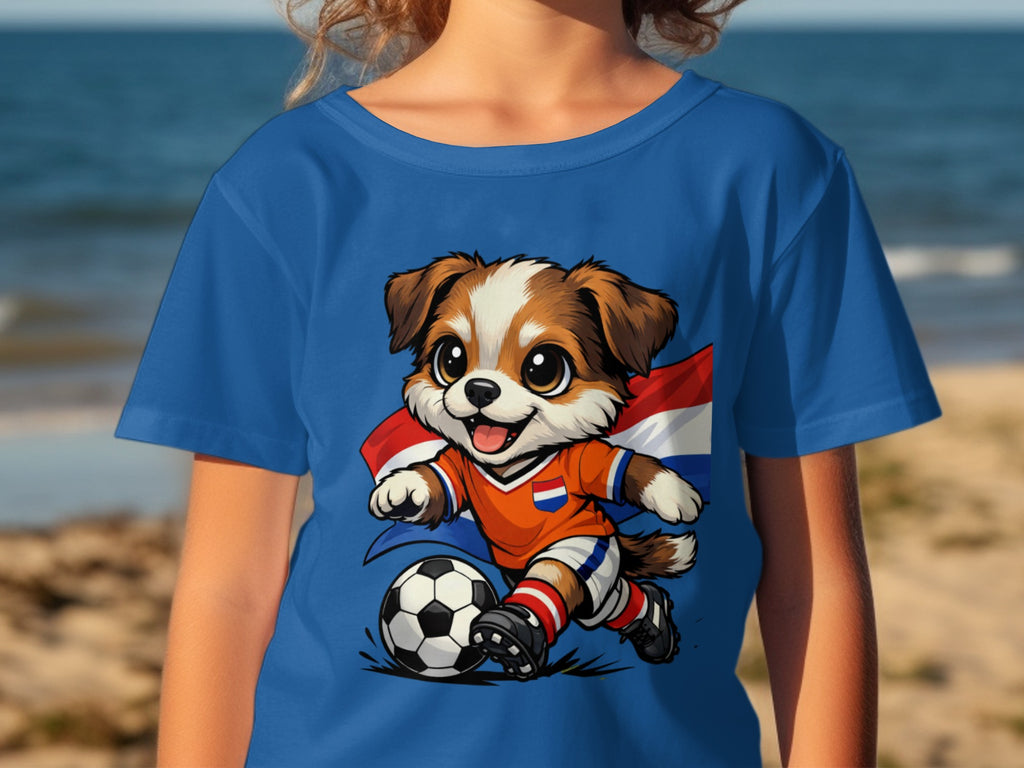 Cartoon dog wearing Dutch soccer jersey kicks a ball with Dutch flag cape.