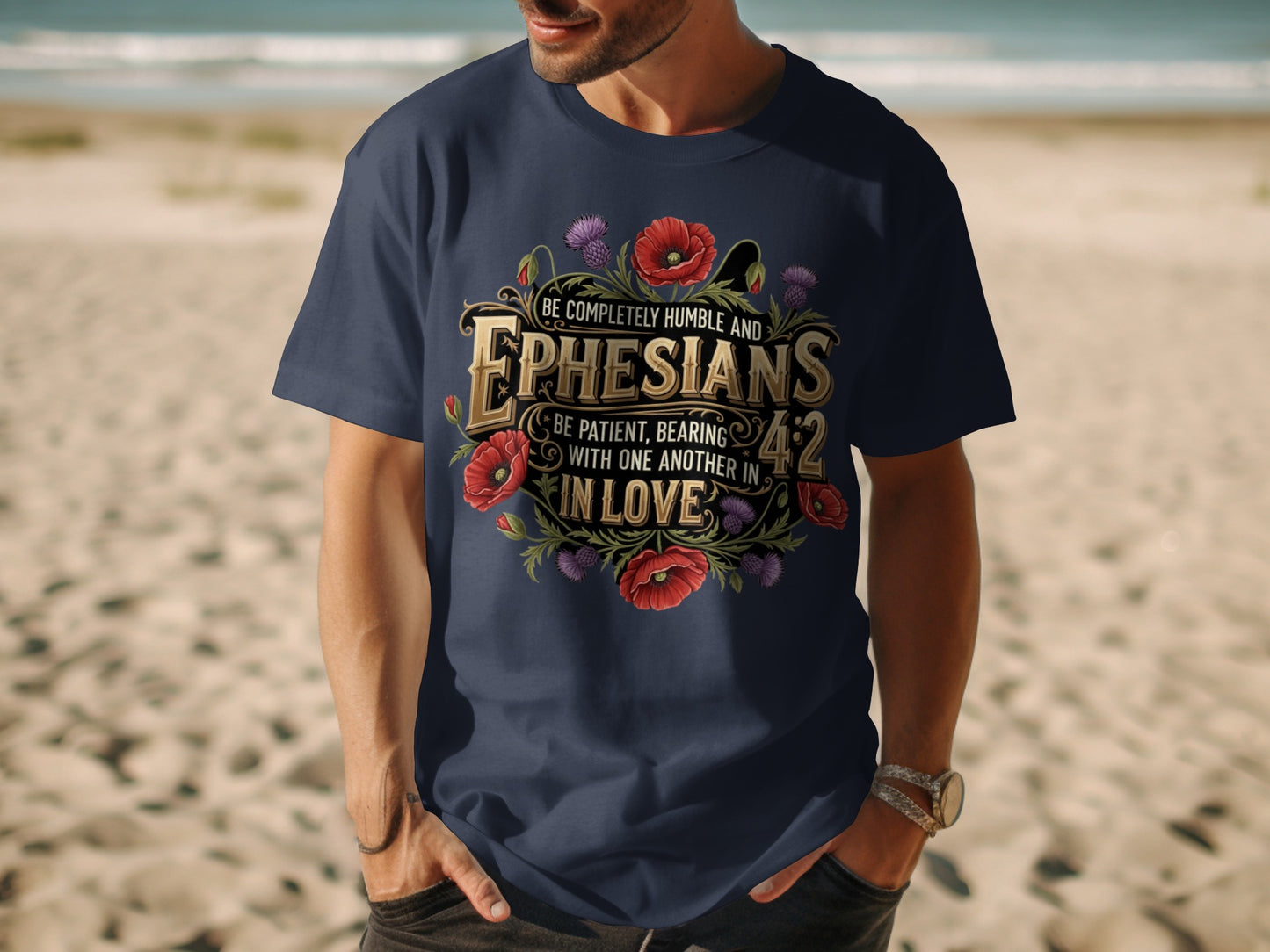Navy t-shirt with Ephesians 4:2 Bible verse and floral design.