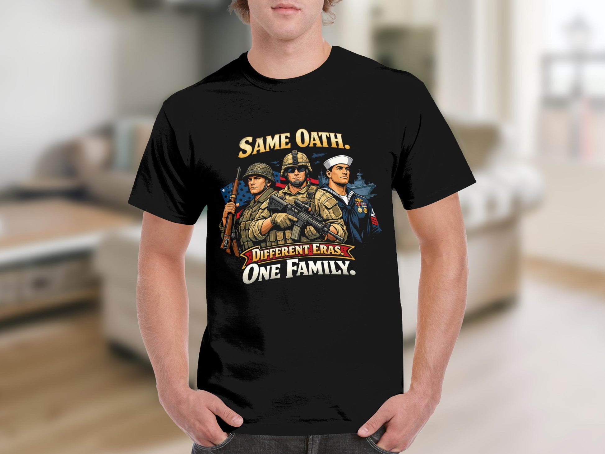 Black t-shirt with soldiers and sailor graphic. Text reads "Same Oath. Different Eras. One Family."