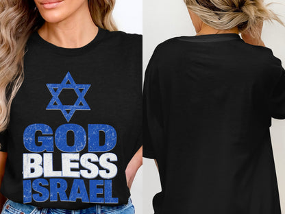 Black t-shirt with blue Star of David and "God Bless Israel" text.