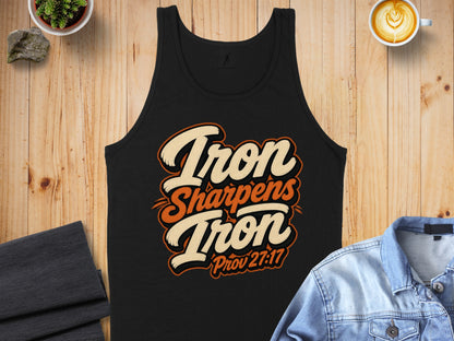 Black tank top with "Iron Sharpens Iron Prov 27:17" text.