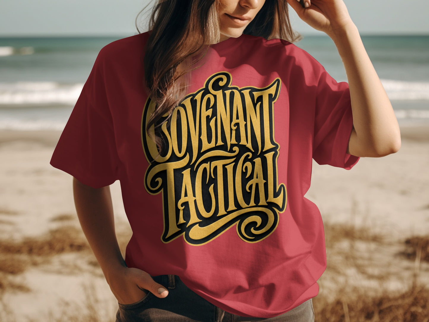 Red t-shirt with "COVENANT TACTICAL" text in yellow and black calligraphy.