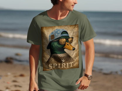 Green t-shirt with graphic of a duck wearing sunglasses, a hat, and a necklace with the word "SPIRIT" below.