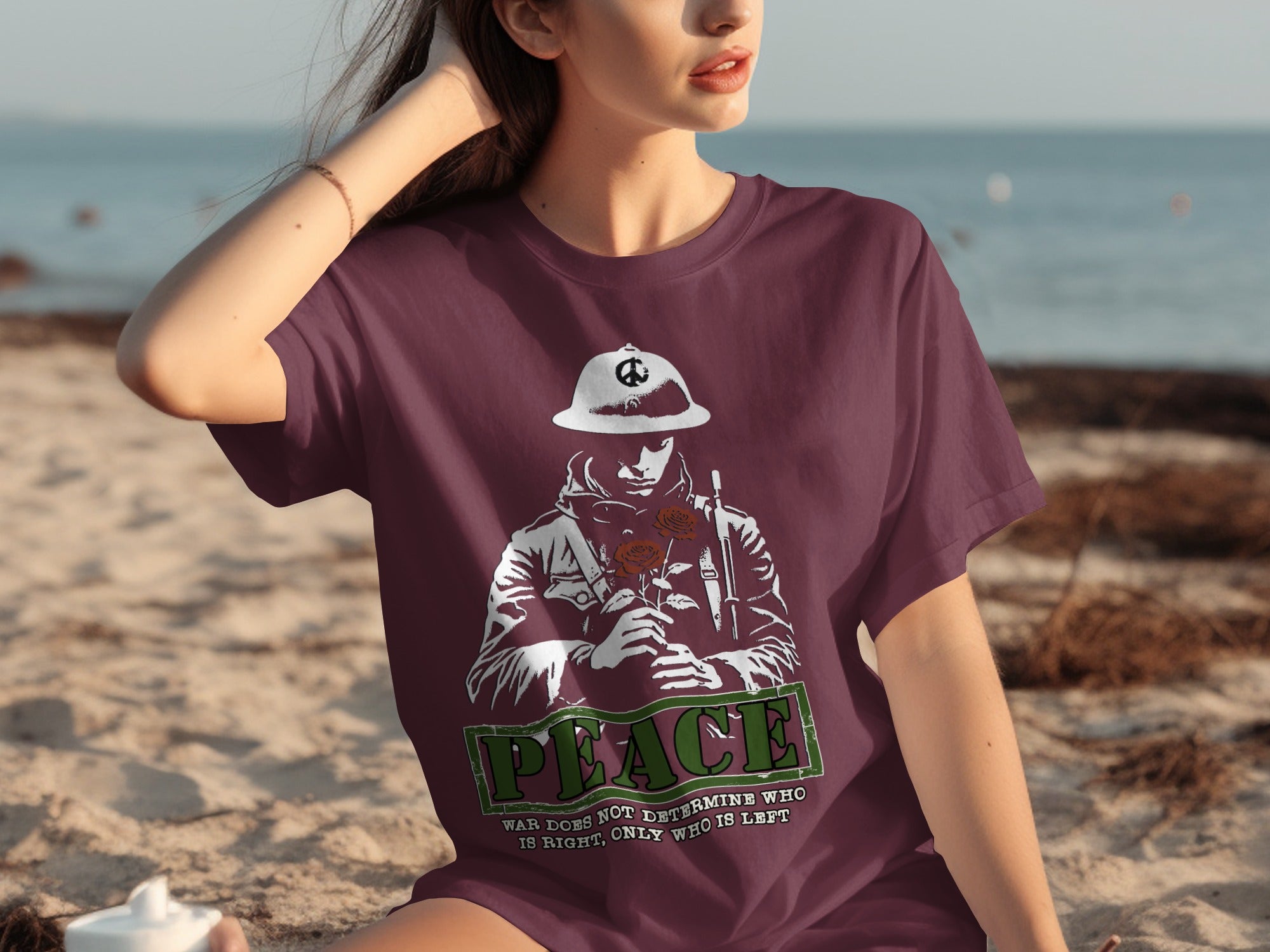 T-shirt with soldier holding roses graphic and "Peace" text.