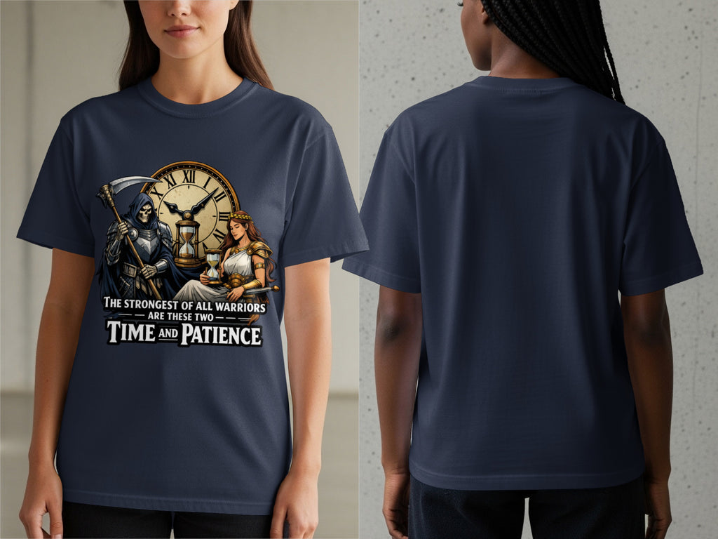 Dark blue t-shirt with grim reaper, woman, hourglass on clock face, and text.