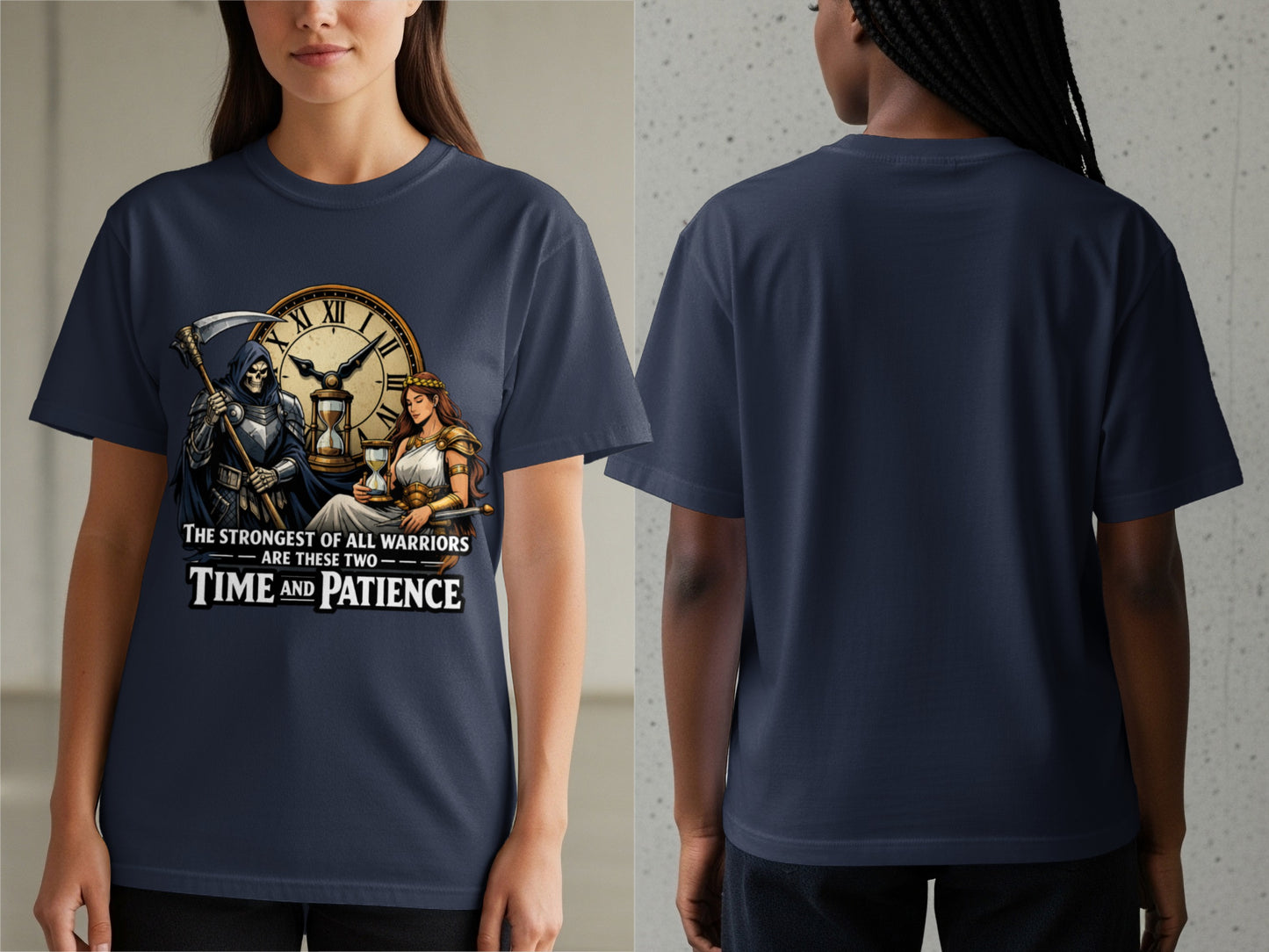 Dark blue t-shirt with grim reaper, woman, hourglass on clock face, and text.