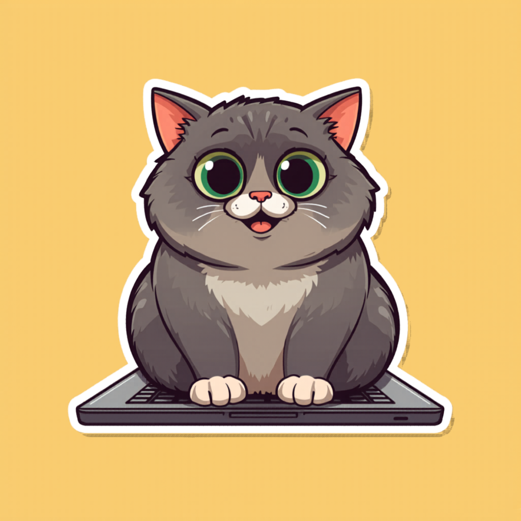 Cute cartoon cat with big green eyes sitting on a laptop.