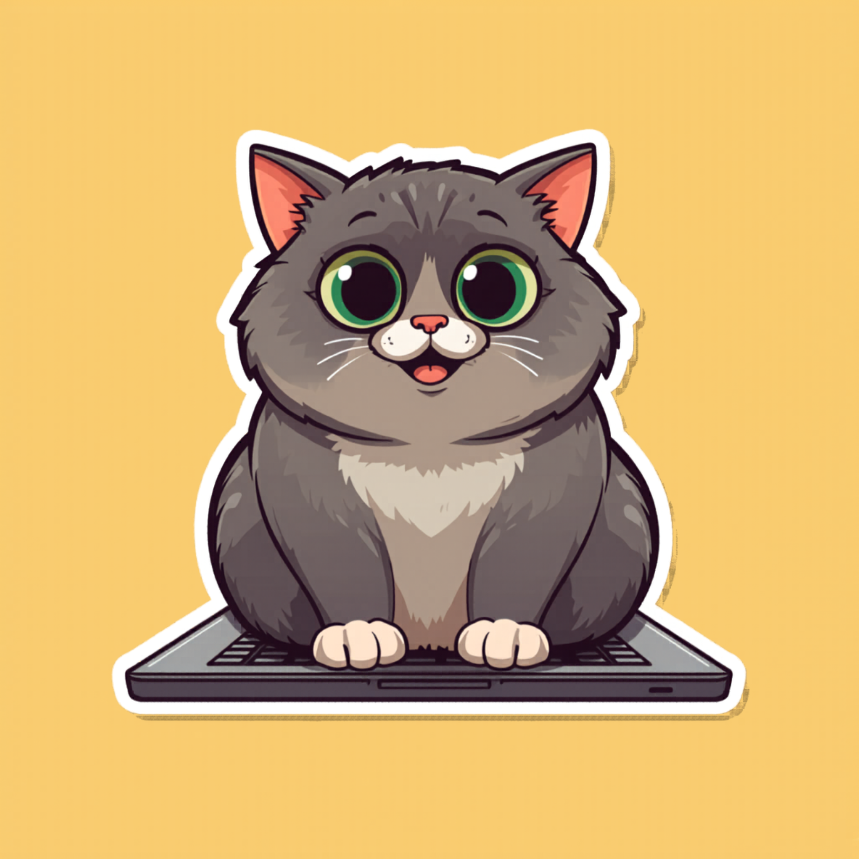 Cute cartoon cat with big green eyes sitting on a laptop.